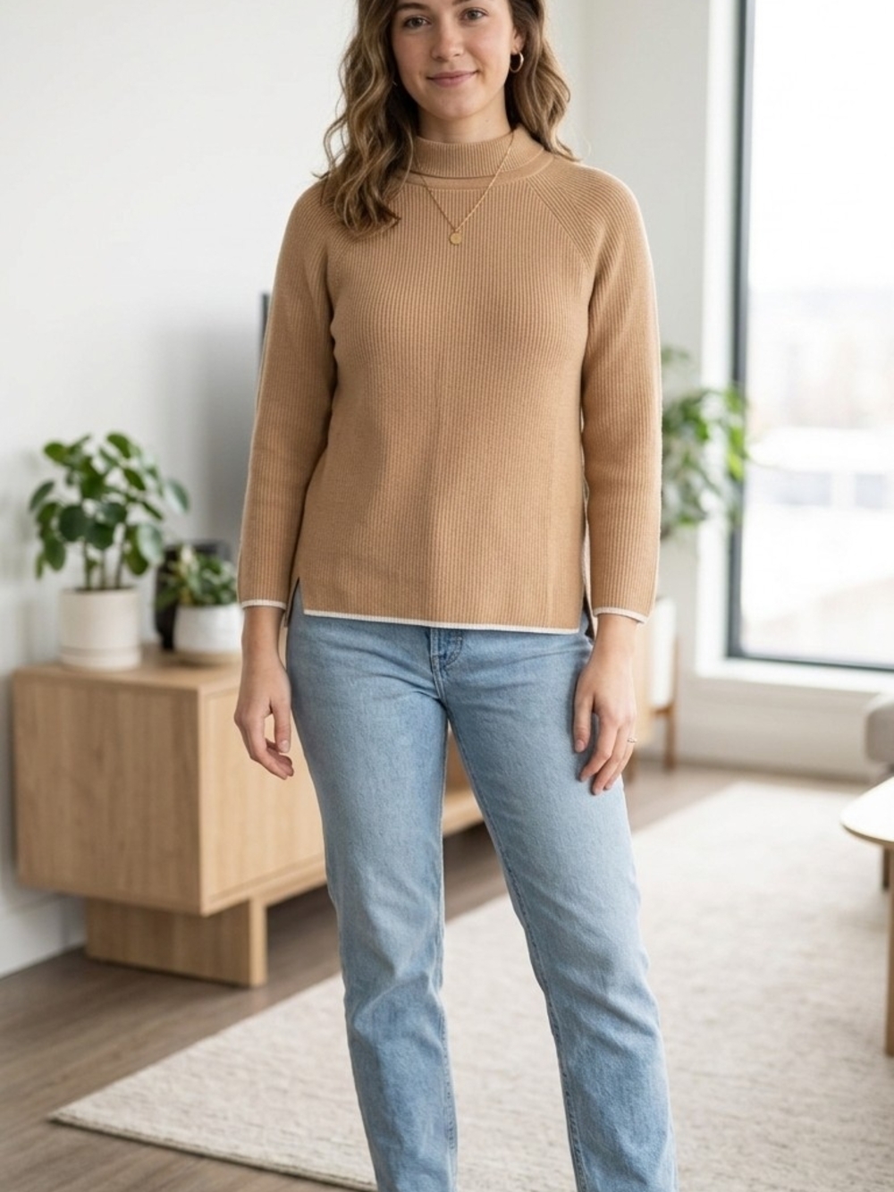 Talbots Pima Cotton 100% Camel Ribbed Crew Sweater